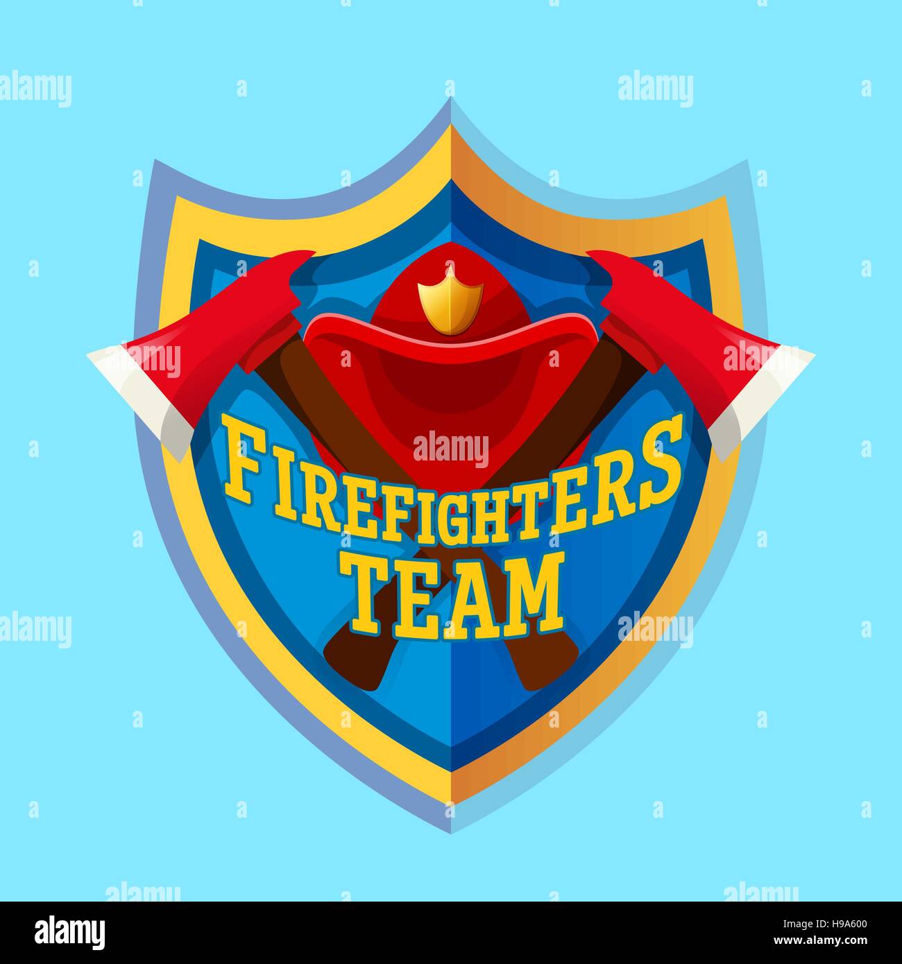 Feuerwehr-Team - Feuerwehrmann Emblem Aufkleber Abzeichen und Logo auf blauem Hintergrund isoliert. Stock Vektor