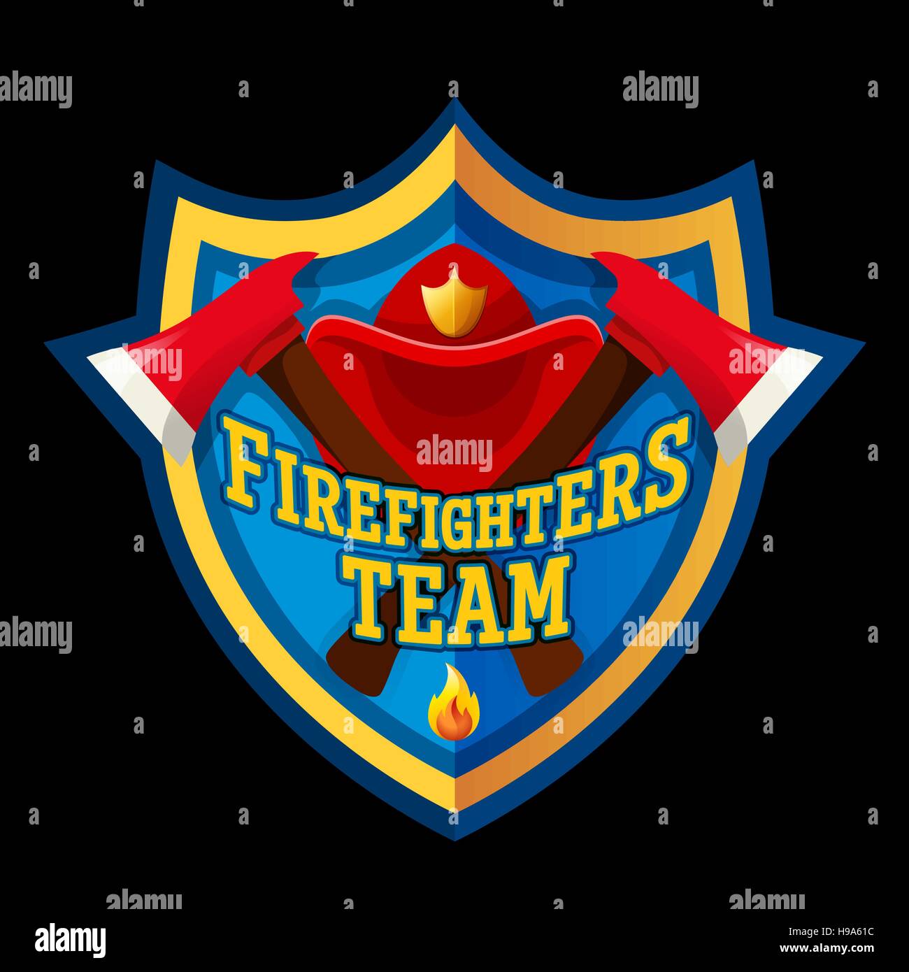 Feuerwehr-Team - Feuerwehrmann Emblem Aufkleber Abzeichen und Logo auf dunklem Hintergrund isoliert. Stock Vektor