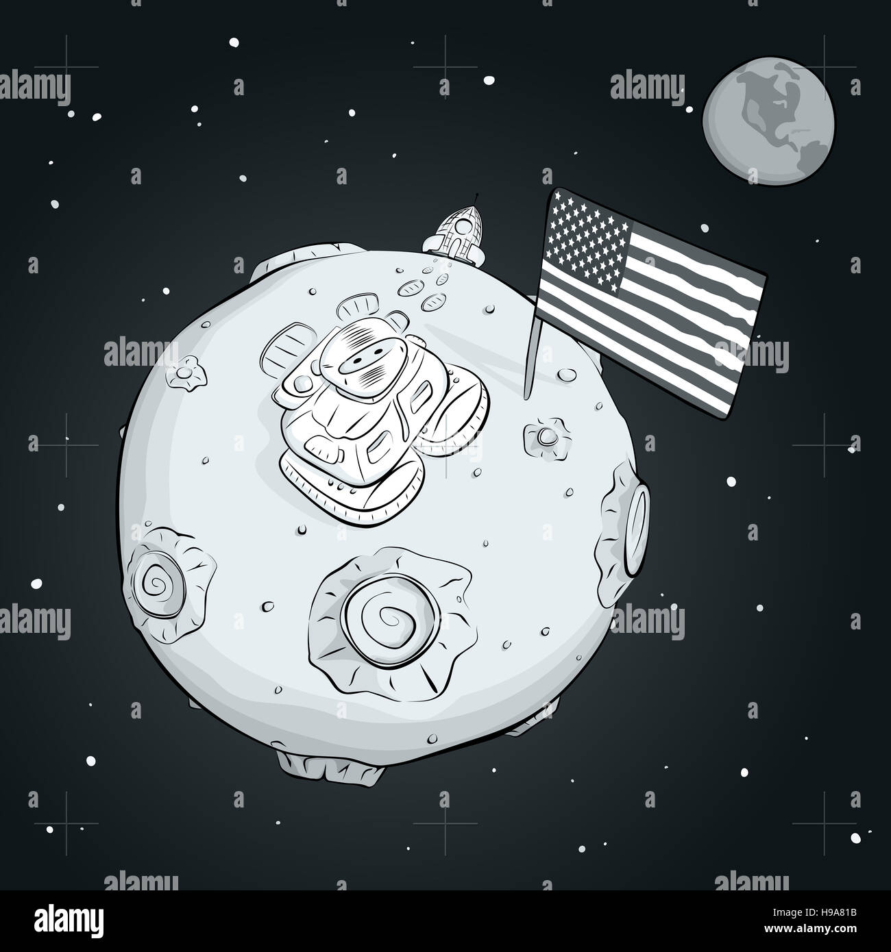 Astronaut mit USA Flagge auf dem Mond BW Stockfoto