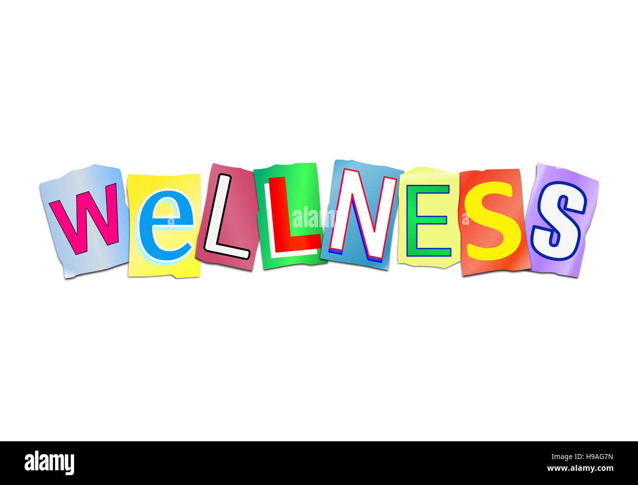 Abbildung zeigt eine Reihe von ausgeschnittenen gedruckte Buchstaben angeordnet, um das Wort Wellness bilden. Stockfoto