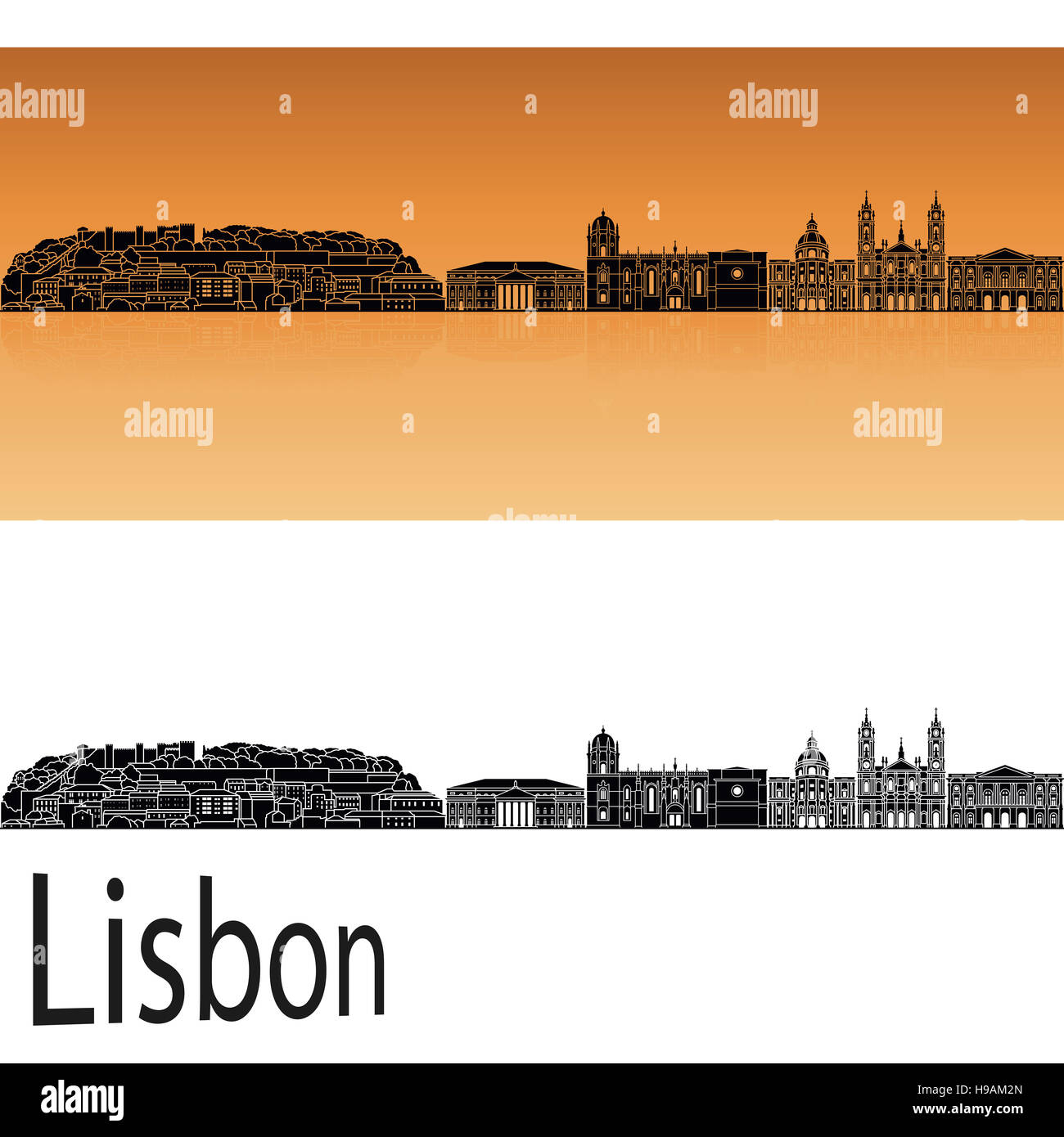 Skyline von Lissabon V2 in orangem Hintergrund in bearbeitbare Vektordatei Stockfoto