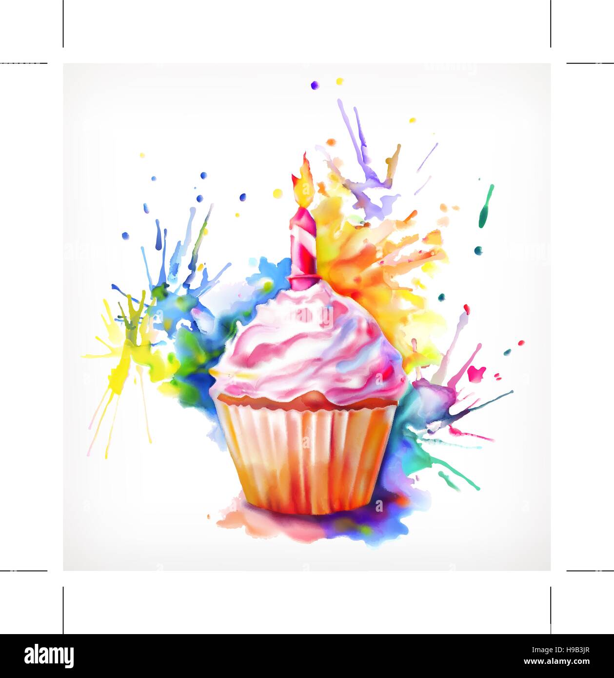 Aquarell, festliche Cupcake mit Kerze, Vektor-Illustration, isoliert auf weißem Hintergrund Stock Vektor