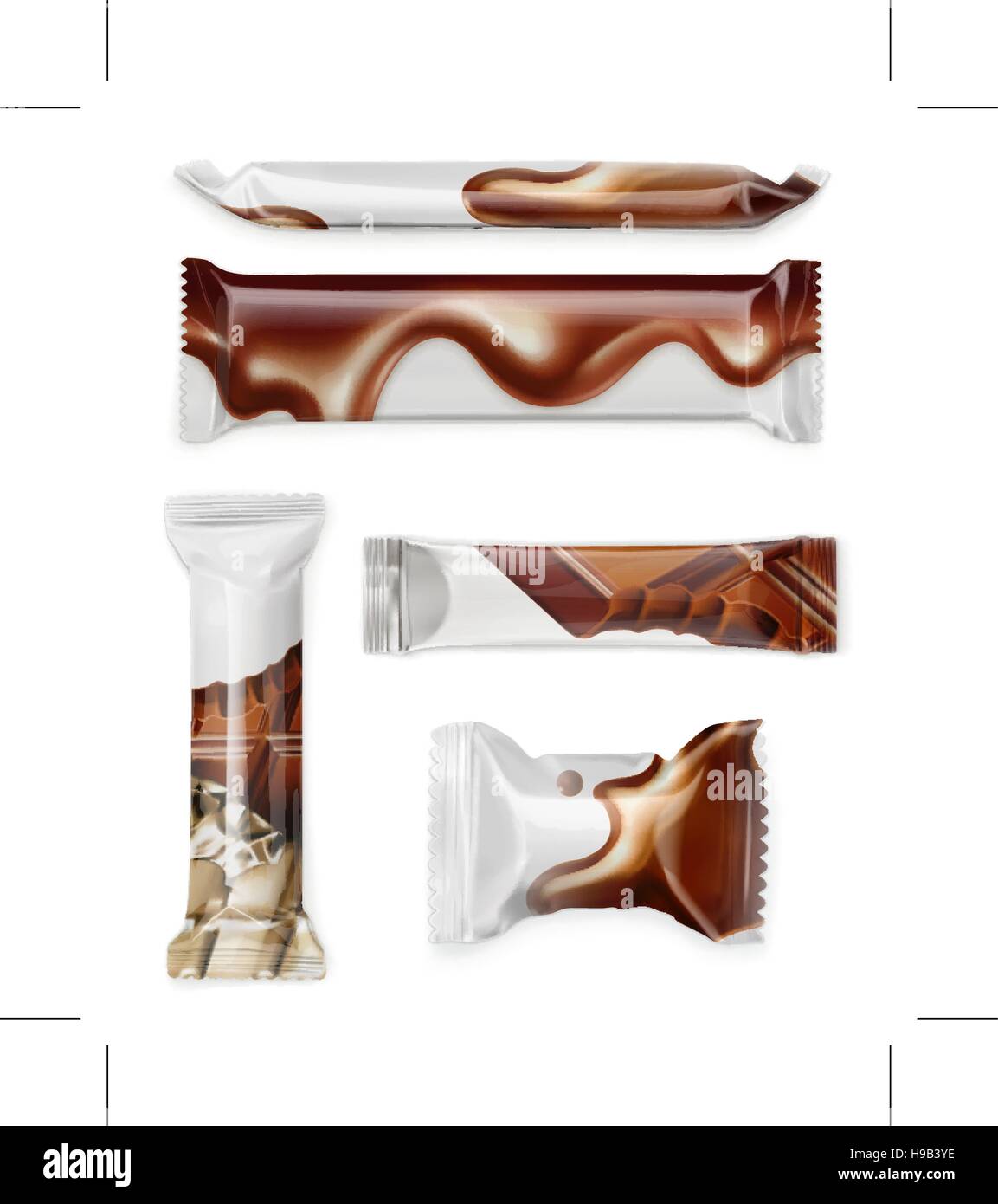 Weißem Polyethylen-Paket, Schokoriegel, Vektor-Mock-up-set Stock Vektor