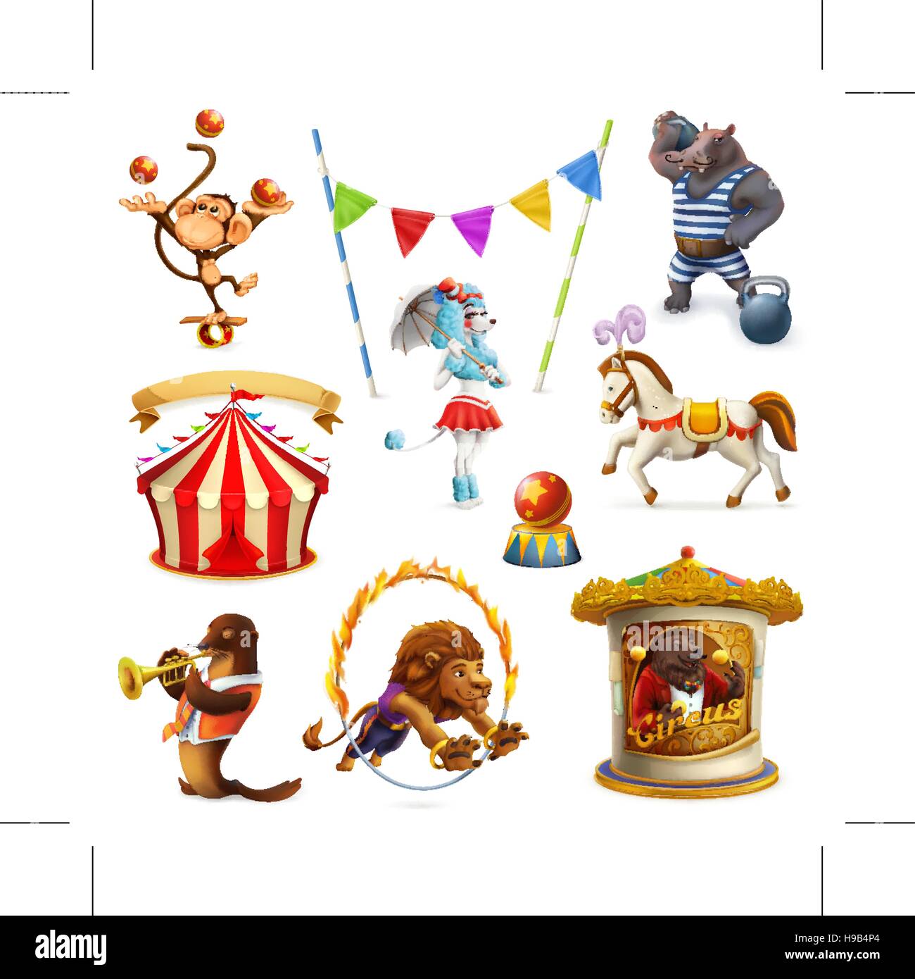 Zirkus, lustige Tiere,-Vektor-Icons, Netz set Stock Vektor