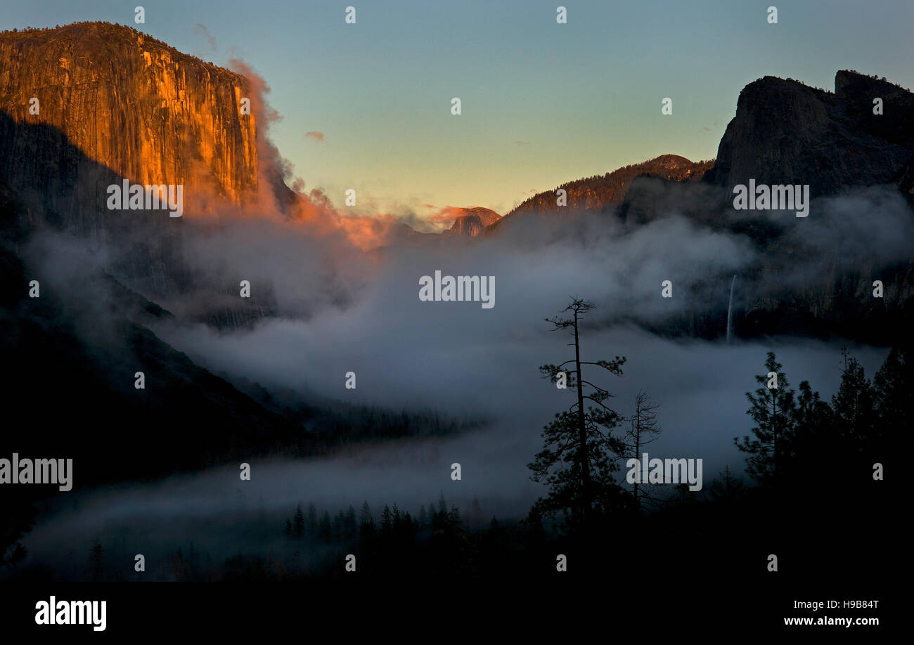 Sonnenlicht am El Capitan, links, wie Nebel und Wolken in den Talboden kriechen. Stockfoto