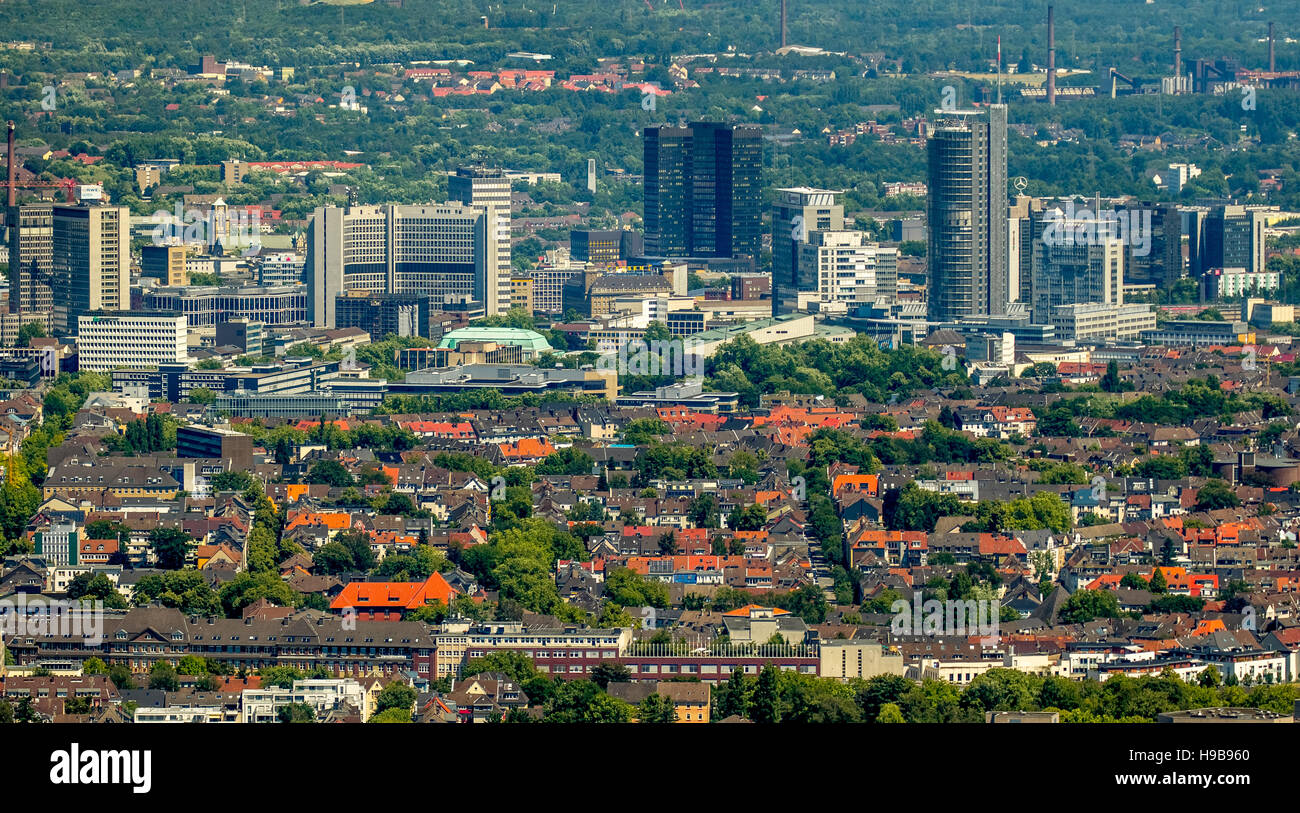 Luftaufnahme, Rüttenscheid mit Skyline von Essen, Essen, Ruhr District, North Rhine-Westphalia, Deutschland Stockfoto