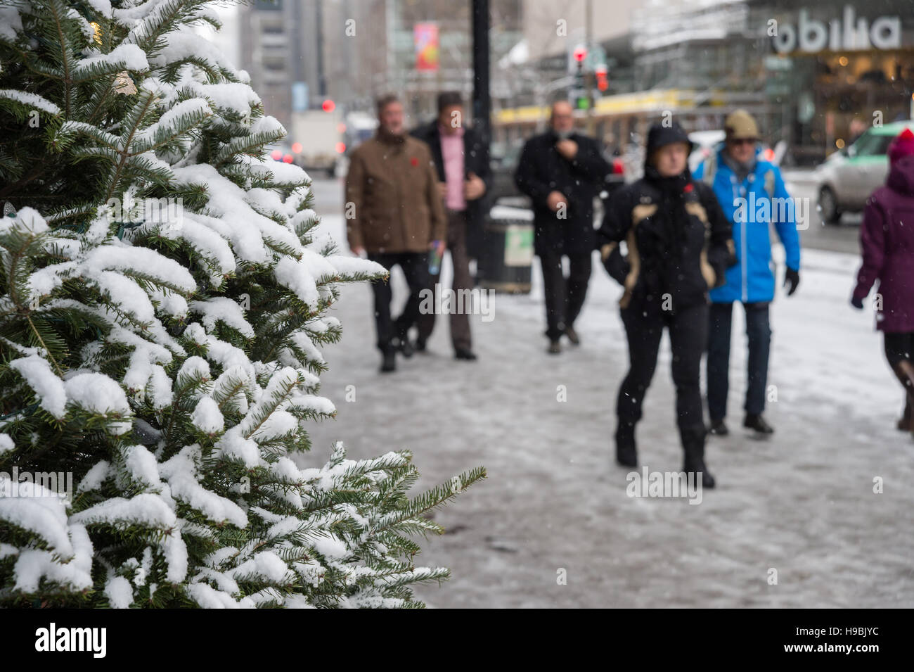 Montreal, Kanada. 21. November 2016. Erste Schnee der Saison trifft die Stadt. Fußgänger in der Innenstadt von Montreal. Bildnachweis: Marc Bruxelle/Alamy Live-Nachrichten Stockfoto