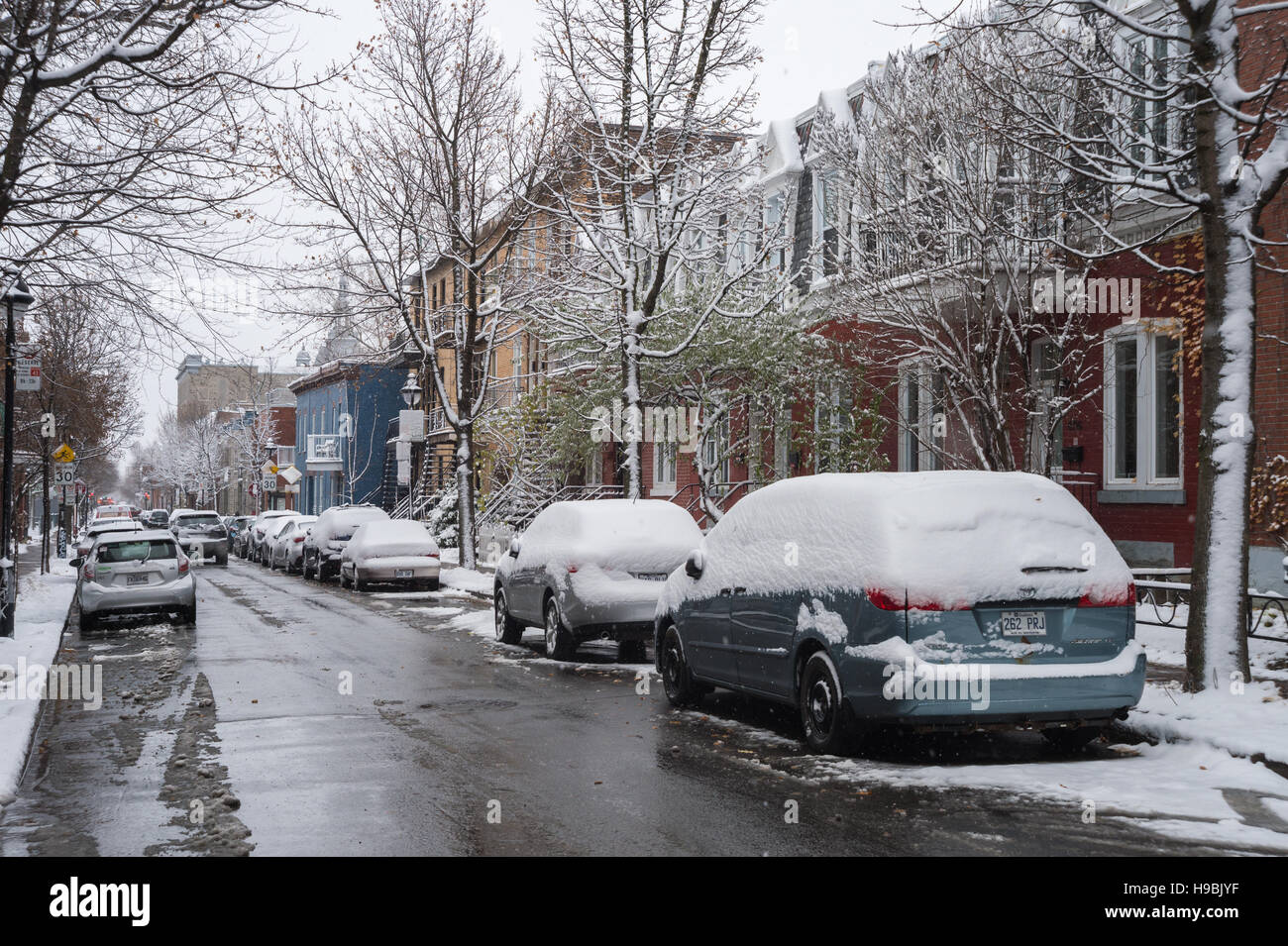 Montreal, Kanada. 21. November 2016. Erste Schnee der Saison trifft die Stadt. Berri Street und Autos mit Schnee bedeckt. Bildnachweis: Marc Bruxelle/Alamy Live-Nachrichten Stockfoto