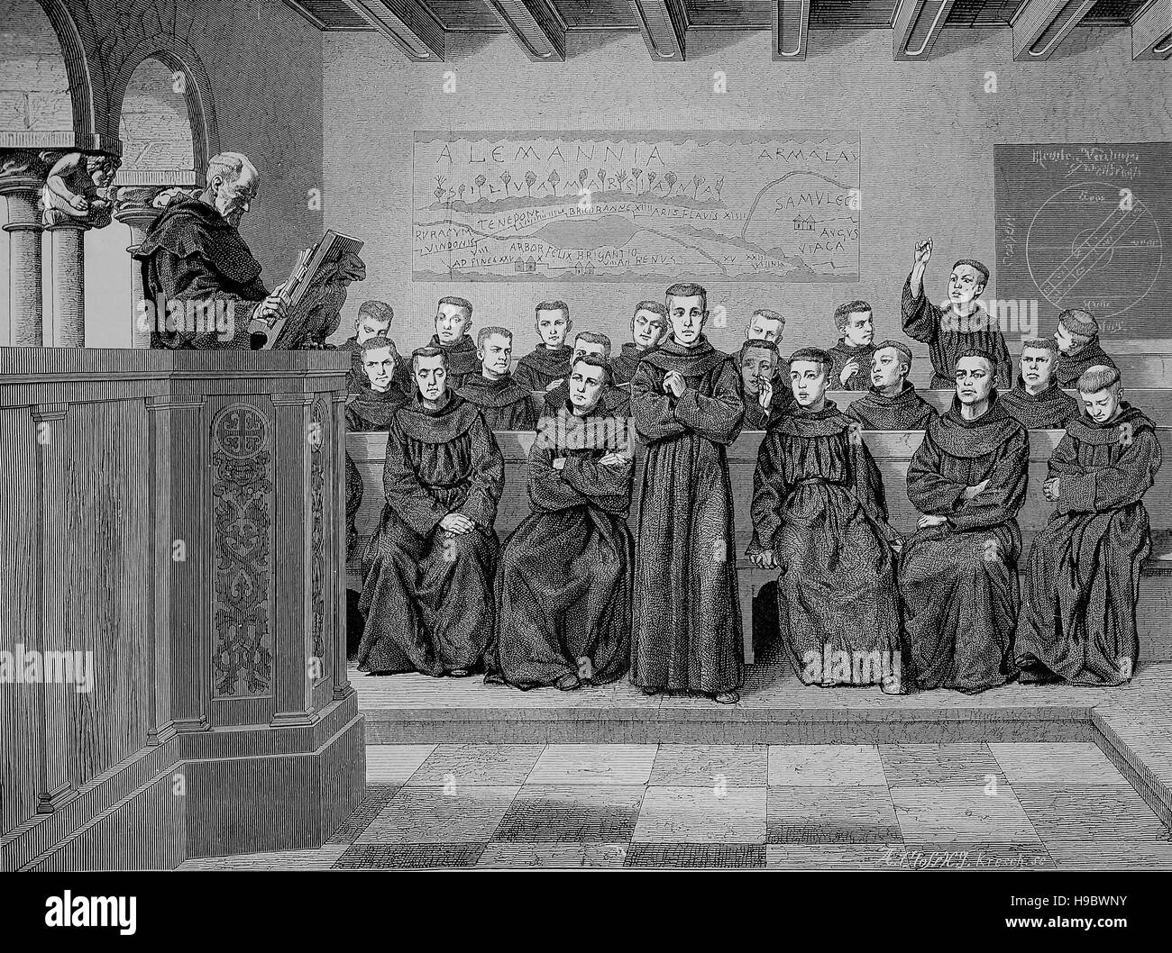 Junge Mönche, Novizen, Lehrer an der Klosterschule im Mittelalter, historische Abbildung Stockfoto