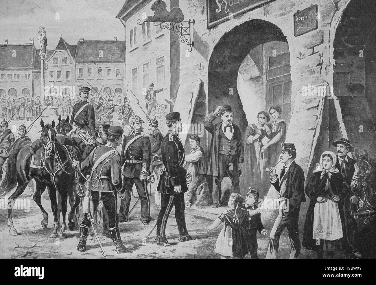Einquartierung von Soldaten in Böhmen 1861, Napoleonische Kriege, historische Abbildung Stockfoto