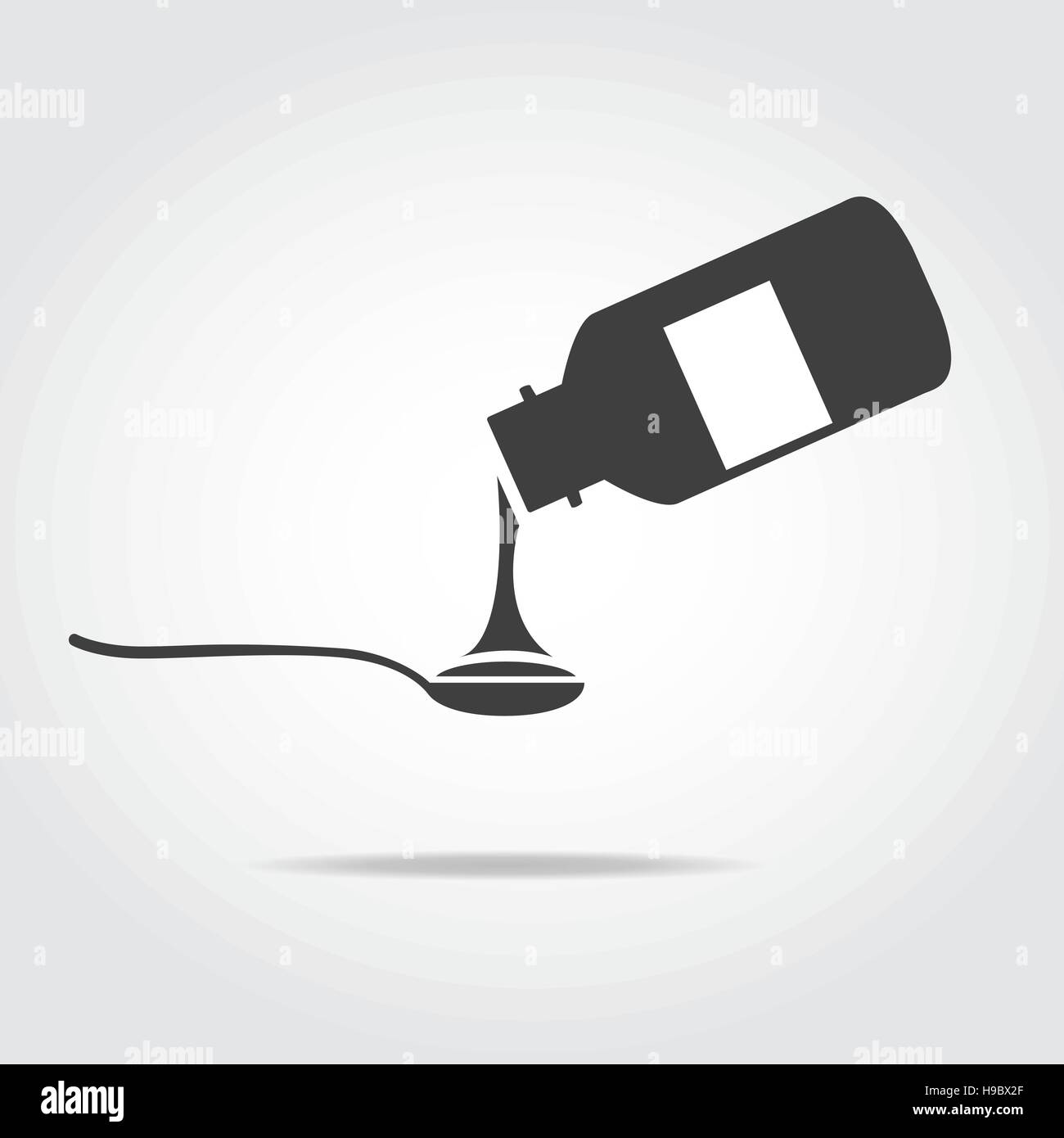 Schwarz-Symbol. Flasche mit Sirup Gießen in medizinischen Löffel. Stock Vektor