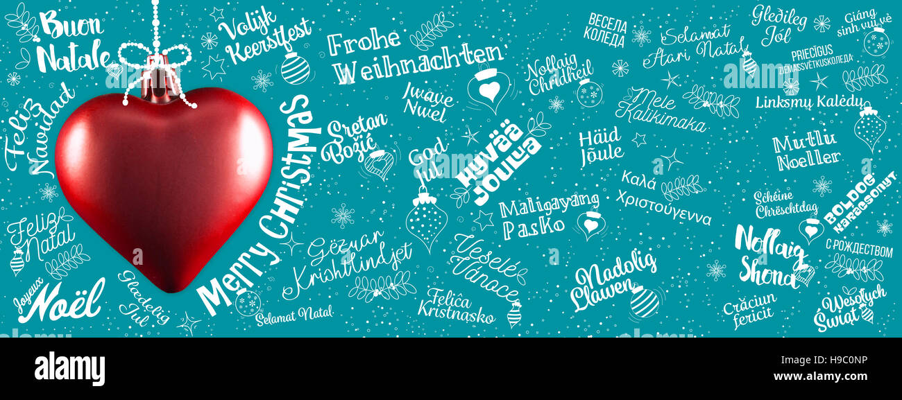 Frohe Weihnachtsgrüße webBanner von Welt in verschiedenen Sprachen mit goldenen Herzen
