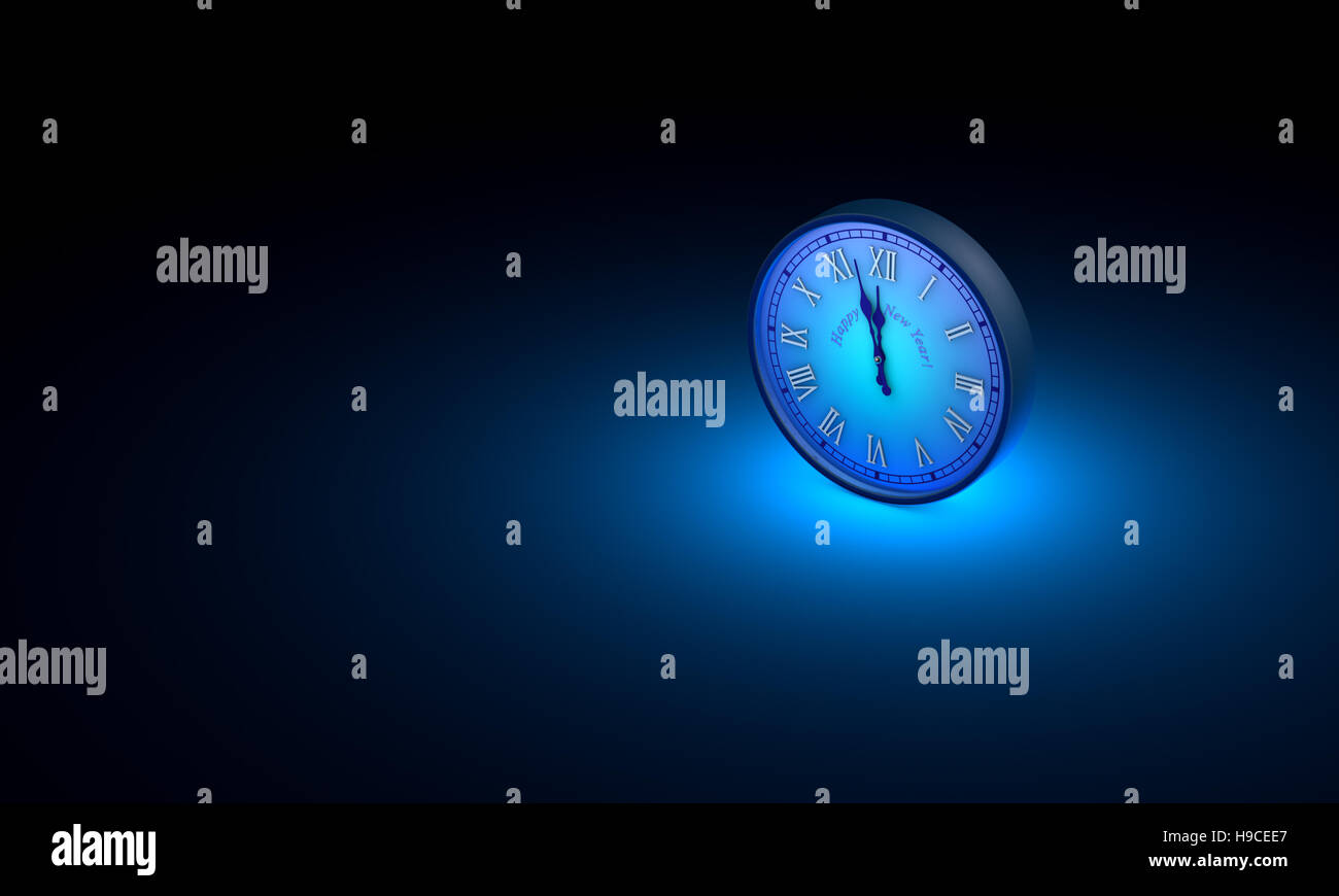 Eine blaue runde Uhr. Verfügbar in hoher Auflösung und verschiedenen Größen. Schwarze Kunst Hintergrund Layout mit Freitext-Raum. Stockfoto