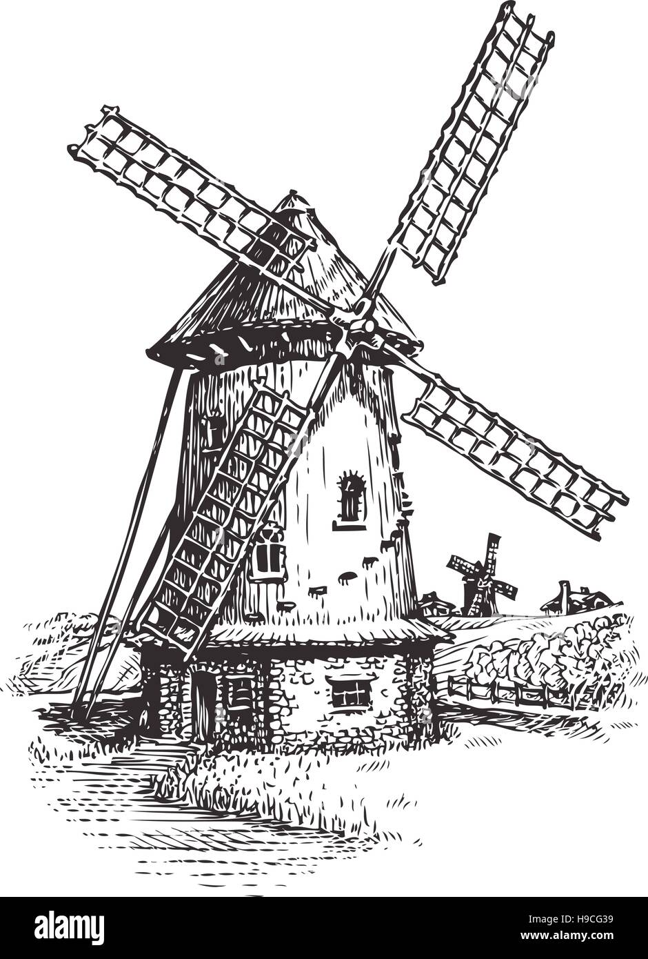 Windmühle. Handgezeichnete Skizze Vintage-Vektor-illustration Stock Vektor