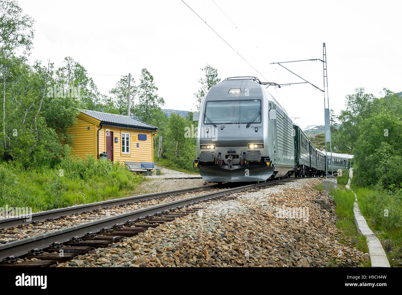 Flamsbana Bahnhof Zug Ankunft in kleinen ländlichen Bahnhof, Norwegen. Stockfoto