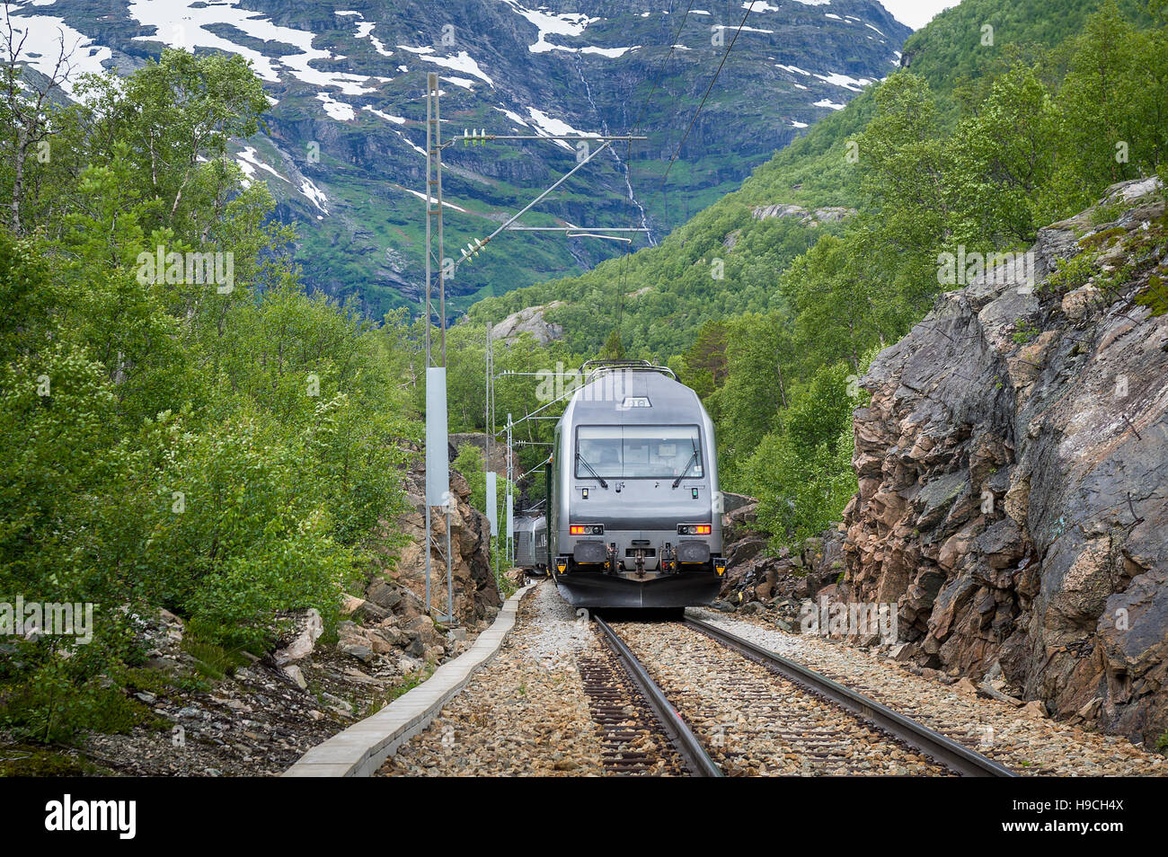 Flamsbana Bahnhof Zug Ankunft in kleinen ländlichen Bahnhof, Norwegen. Stockfoto