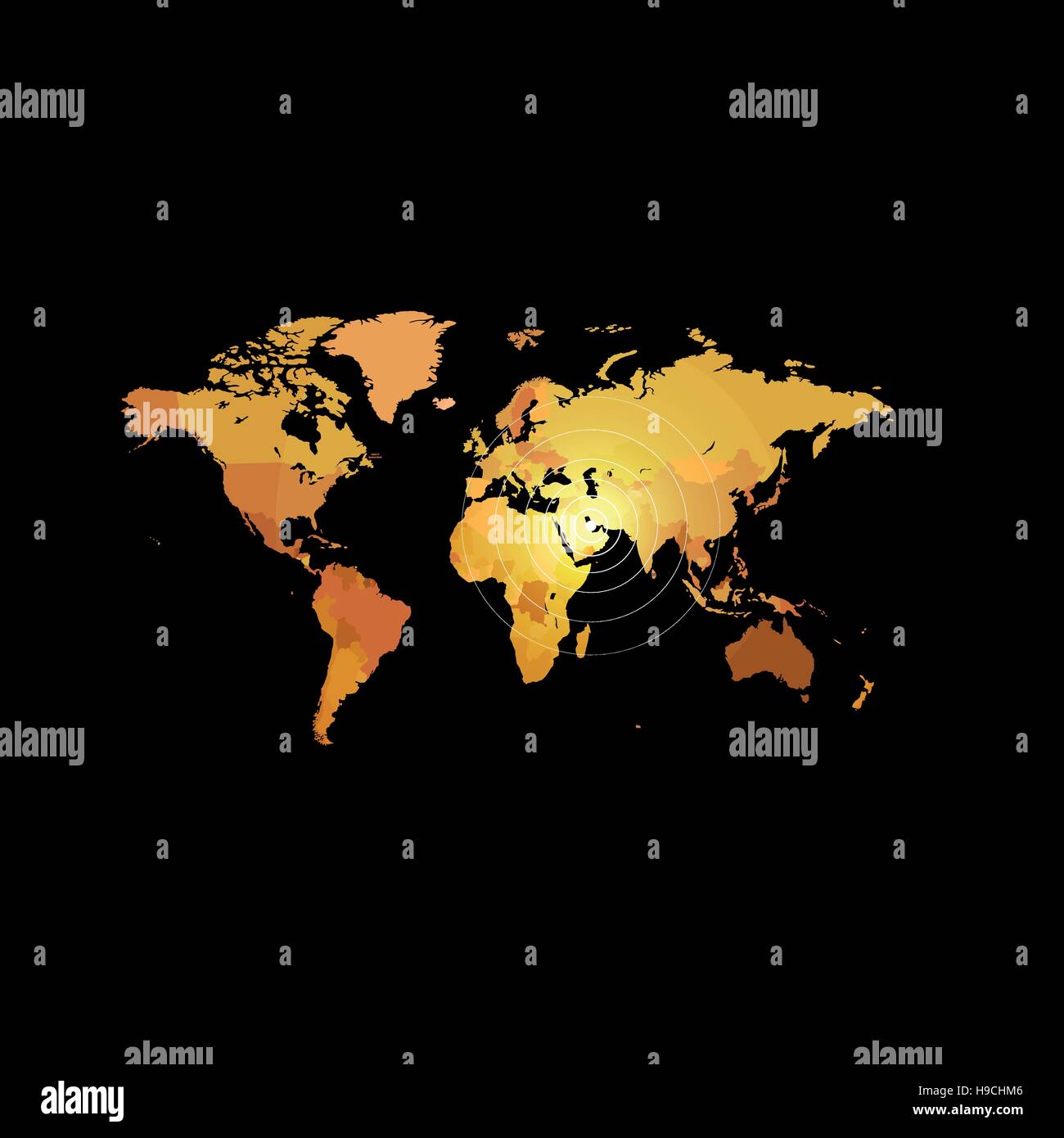 Orange Farbe Weltkarte auf schwarzem Hintergrund. Globus-Design-Hintergrund. Kartographie Element Tapete. Geografischen Standorten Bild. Kontinenten Vektor-Illustration. Stock Vektor