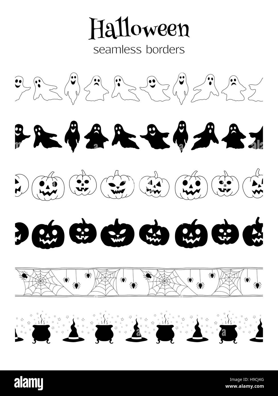 Satz von nahtlosen Vektor-Grenzen für Halloween-Design. Kann als Muster Bürsten verwendet werden. Stock Vektor
