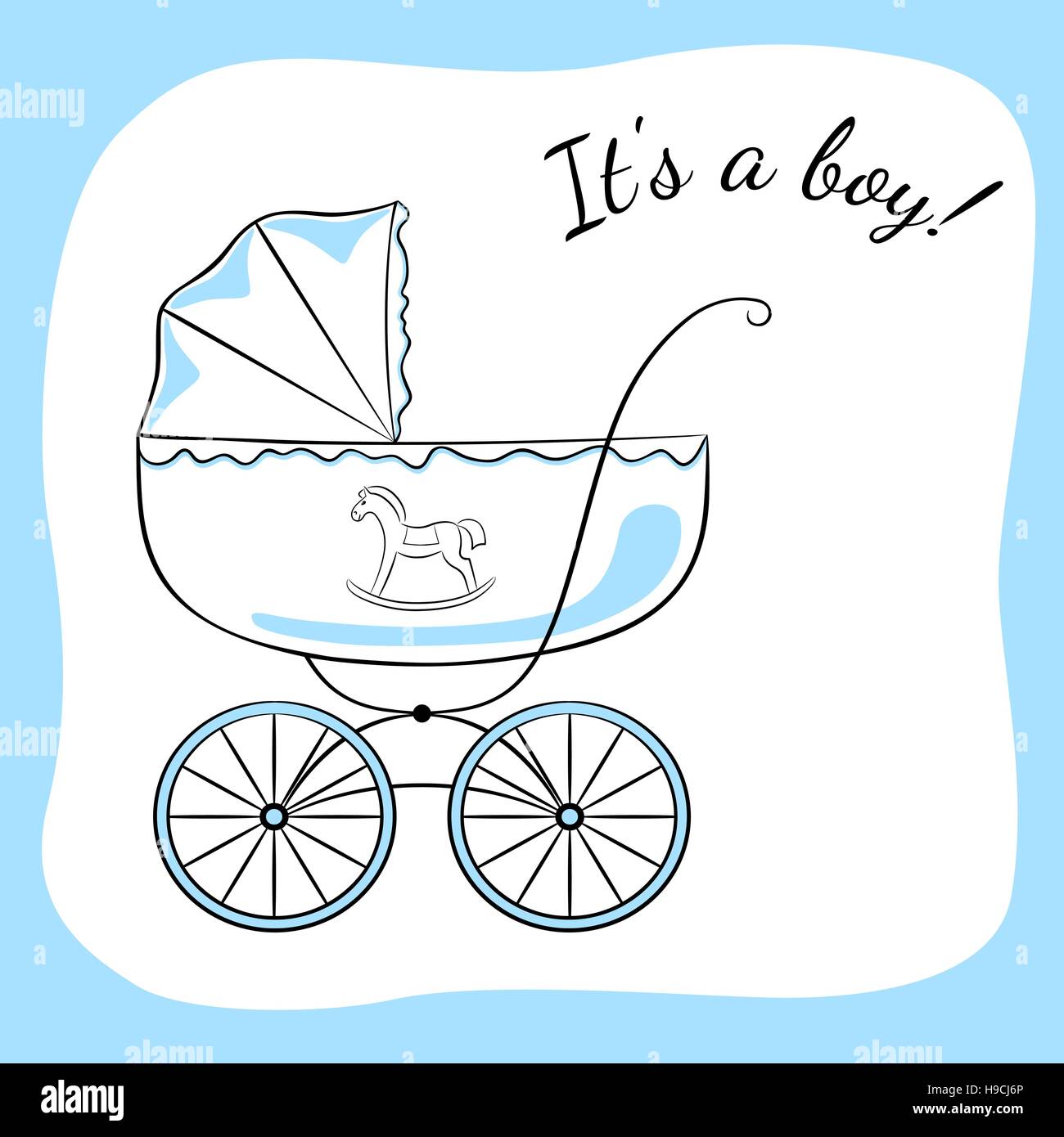 Retro-Kinderwagen. Skizzenhafte Bild mit Farbakzenten, Variante für einen jungen. Babys Ankunft Ankündigung Kartendesign. Stock Vektor