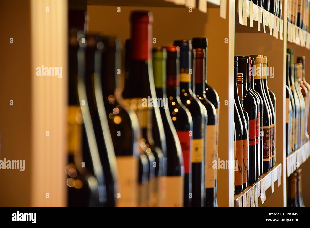 Weinflaschen auf Holzregal in Wein lagern Stockfoto