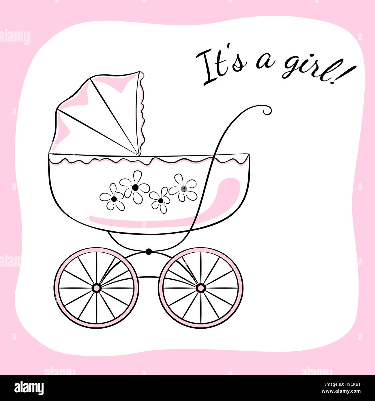 Retro-Kinderwagen. Skizzenhafte Bild mit Farbakzenten, Variante für ein Mädchen. Babys Ankunft Ankündigung Kartendesign. Stock Vektor