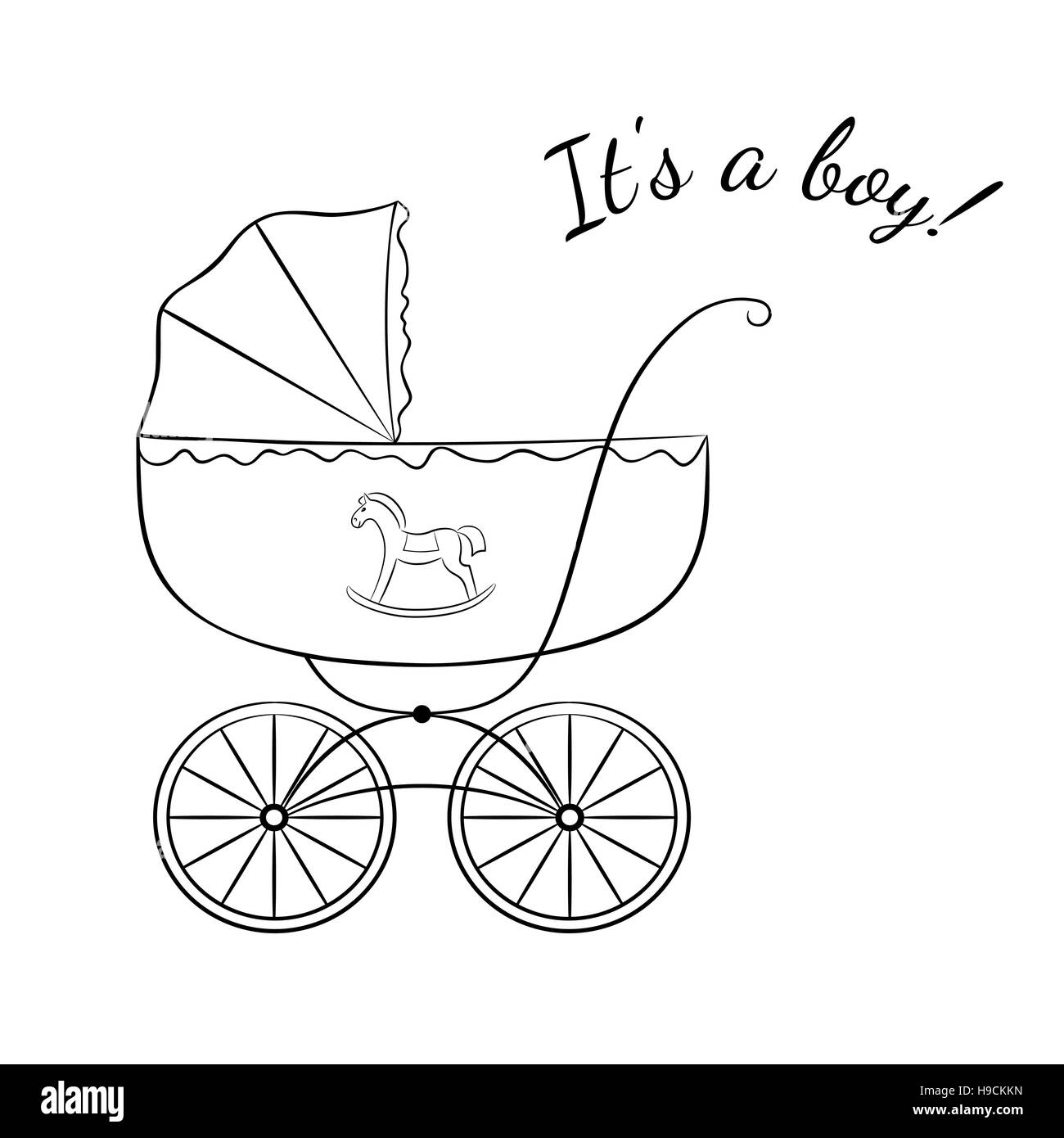 Skizzenhafte Bild einen Retro-Kinderwagen, Variante für einen jungen. Babys Ankunft Ankündigung Kartendesign. Stock Vektor