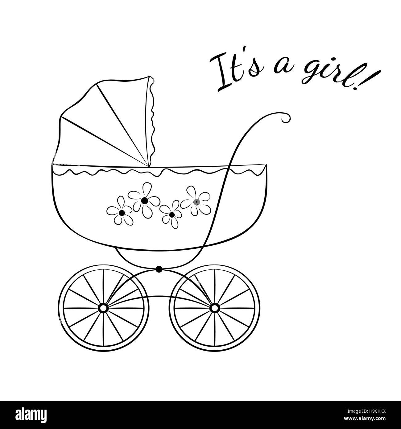 Skizzenhafte Bild einen Retro-Kinderwagen, Variante für ein Mädchen. Babys Ankunft Ankündigung Kartendesign. Stock Vektor