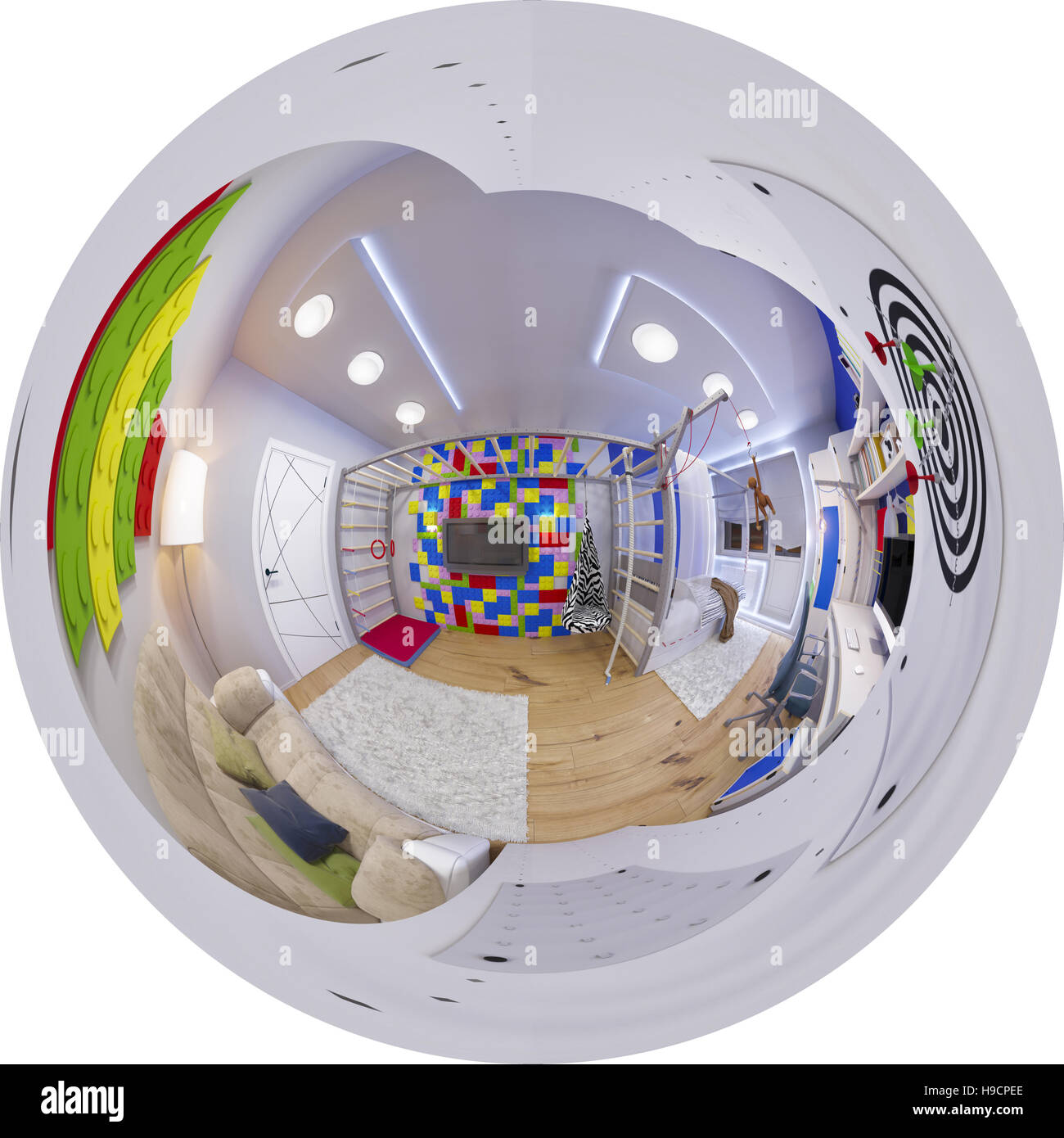 3D Darstellung sphärischer 360 Grad, nahtlosen Panorama Kinder-Zimmer Interior Design. Gestalten Sie das Kinderzimmer für einen jungen in hellen Farbtönen. Stockfoto
