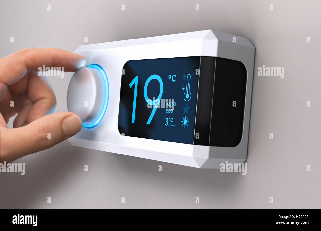 Hand drehen ein Haus Thermostatregler Temperatur auf Energiesparmodus einstellen. celcius Einheiten. Das zusammengesetzte Bild zwischen Fotografie und 3D-Hintergrund Stockfoto