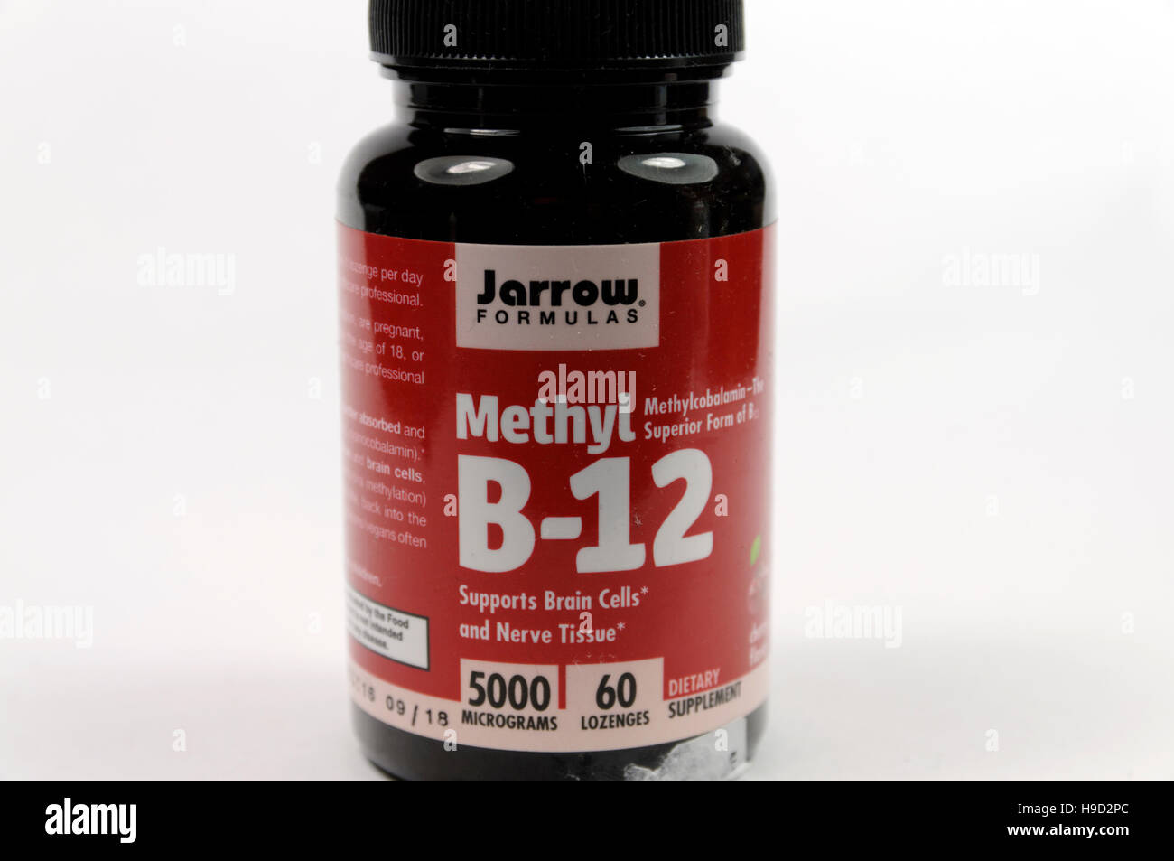 Flasche mit Vitamin Ultra Strength B12 Tabletten Stockfoto