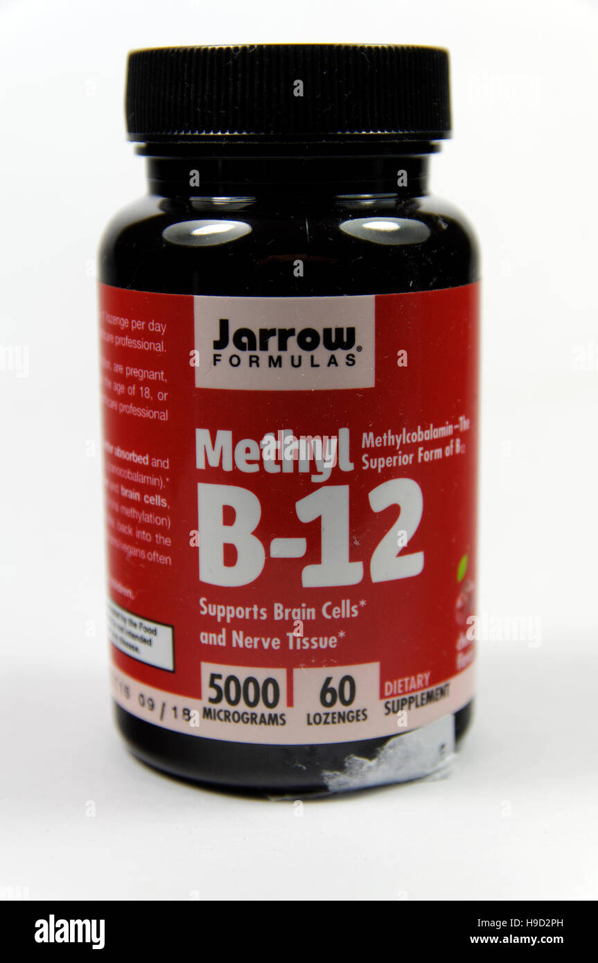 Flasche Vitamin B12 Tablette Stockfoto