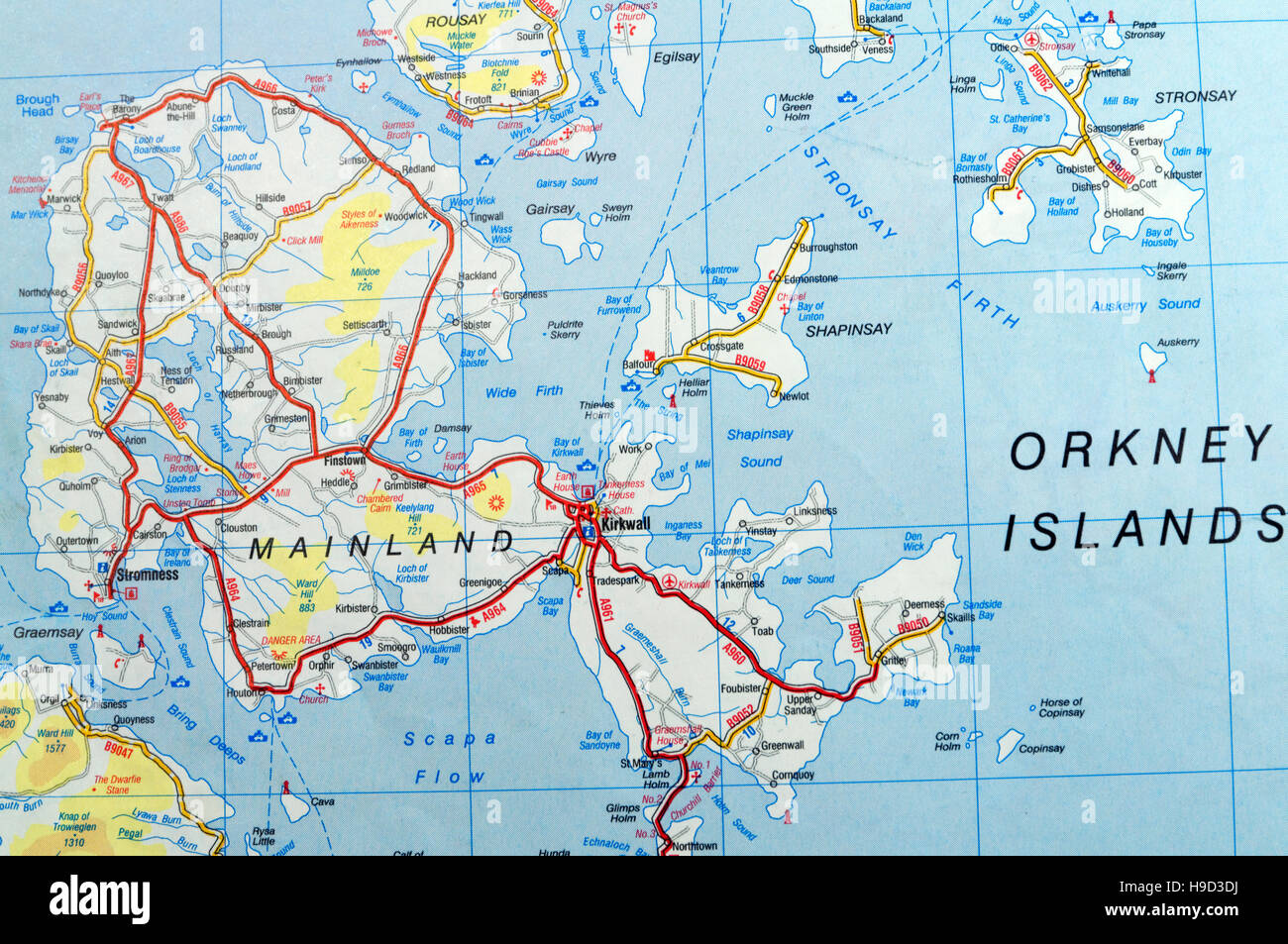 Straßenkarte von Orkney Inseln, Schottland Stockfoto