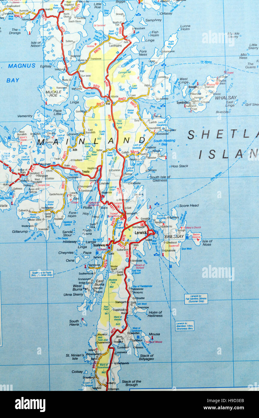 Straßenkarte der Shetland-Inseln, Schottland Stockfoto