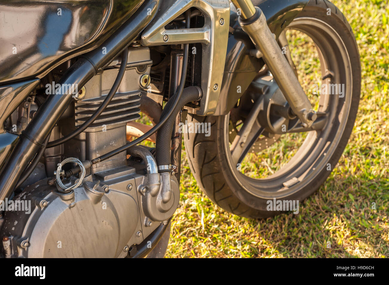 Nahaufnahme von einem alten Motorrad-Motor. Stockfoto