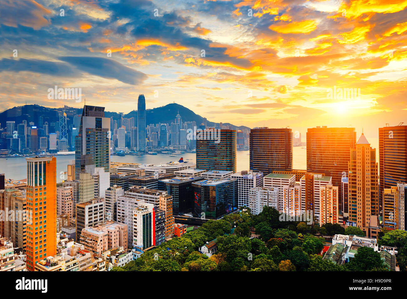 Hong Kong Innenstadt Sonnenuntergang, Tsim Sha Tsui Stockfoto