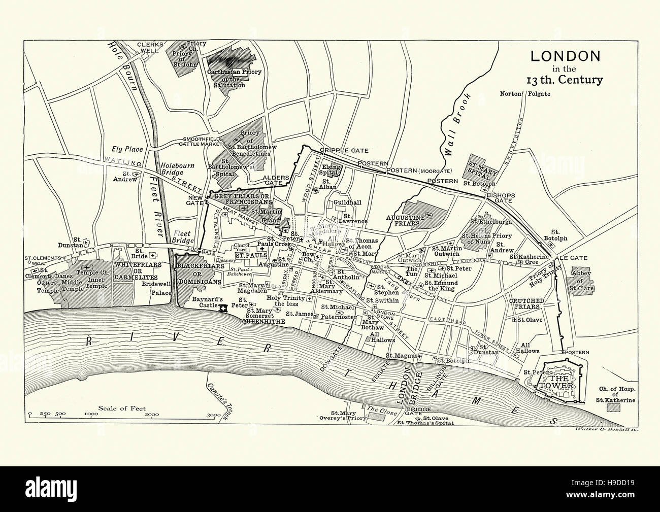 Karte von London im 13. Jahrhundert Stockfoto