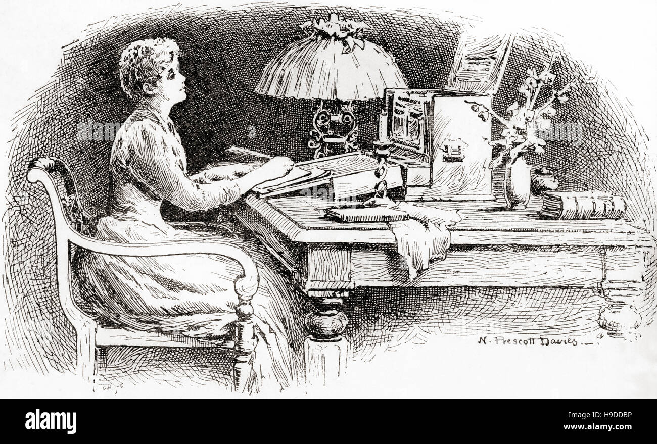 Eine Frau schreibt einen Brief an ein Büro im 19. Jahrhundert. Stockfoto