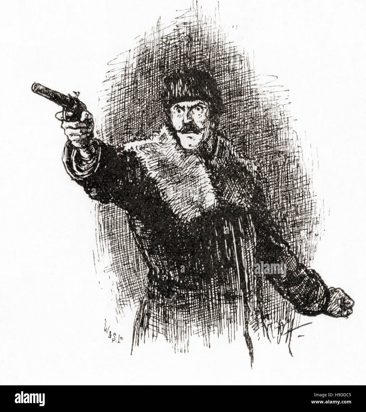 Mann Abfeuern einer Pistole, 19. Jahrhundert. Stockfoto