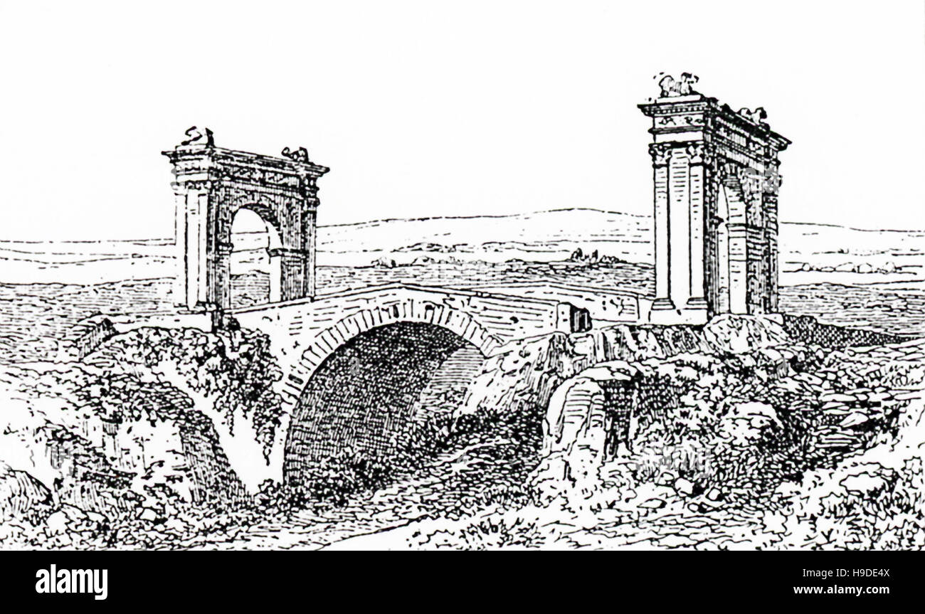 Die Pont de Saint Chamas in der Nähe von Aix in Provence, Frankreich, ist eine römische Brücke, einen einzigen Bogen sprang aus dem Felsen auf beiden Seiten des Flusses Touloubre. Die Ansätze sind mit Triumphbögen 21 Fuß 8 Zoll hoch, im korinthischen Stil dekoriert. Jeder Bogen wird überragt von zwei Löwen, nur eine ist uralt. Eine Inschrift, die auf beiden Seiten gleich ist, die die Brücke irgendwann um 12:00 mit Geld von einem bestimmten Flavus hinterlassene gebaut wurde, die Brücke ist entsprechend bekannt als "le Pont Flavien." Diese Abbildung stammt bis 1895. Stockfoto
