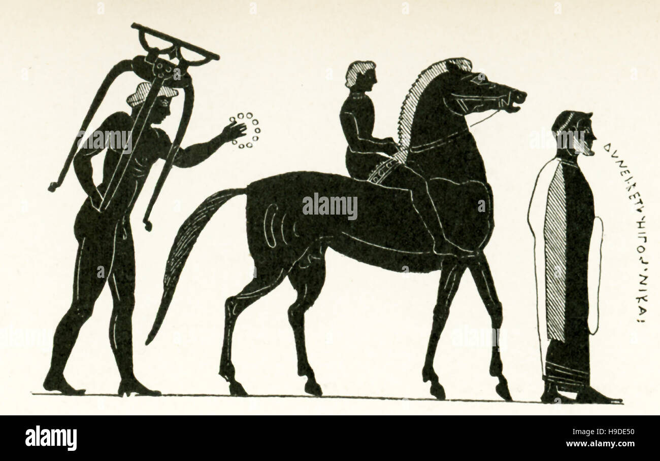 Diese Darstellung der Verkündigung eines Gewinners in einem Pferderennen ist eine schwarzfigurige Malerei auf eine Olympia-Preis Amphoren aus Vulci, nördlich von Rom. Es ist Dachboden (griechisch) und Termine auf dem sechsten Jahrhundert v. Chr. Die Szene zeigt einen siegreiche junge Reiter vorangestellt ein Herold, der den Namen des Eigentümers des Pferdes verkündet: "das Pferd des Dyneicetus ist Victor" und gefolgt von einer Begleitperson, die trägt das Stativ und die Krone hat er gewonnen. Das Buch geht auf das Jahr 1895. Stockfoto