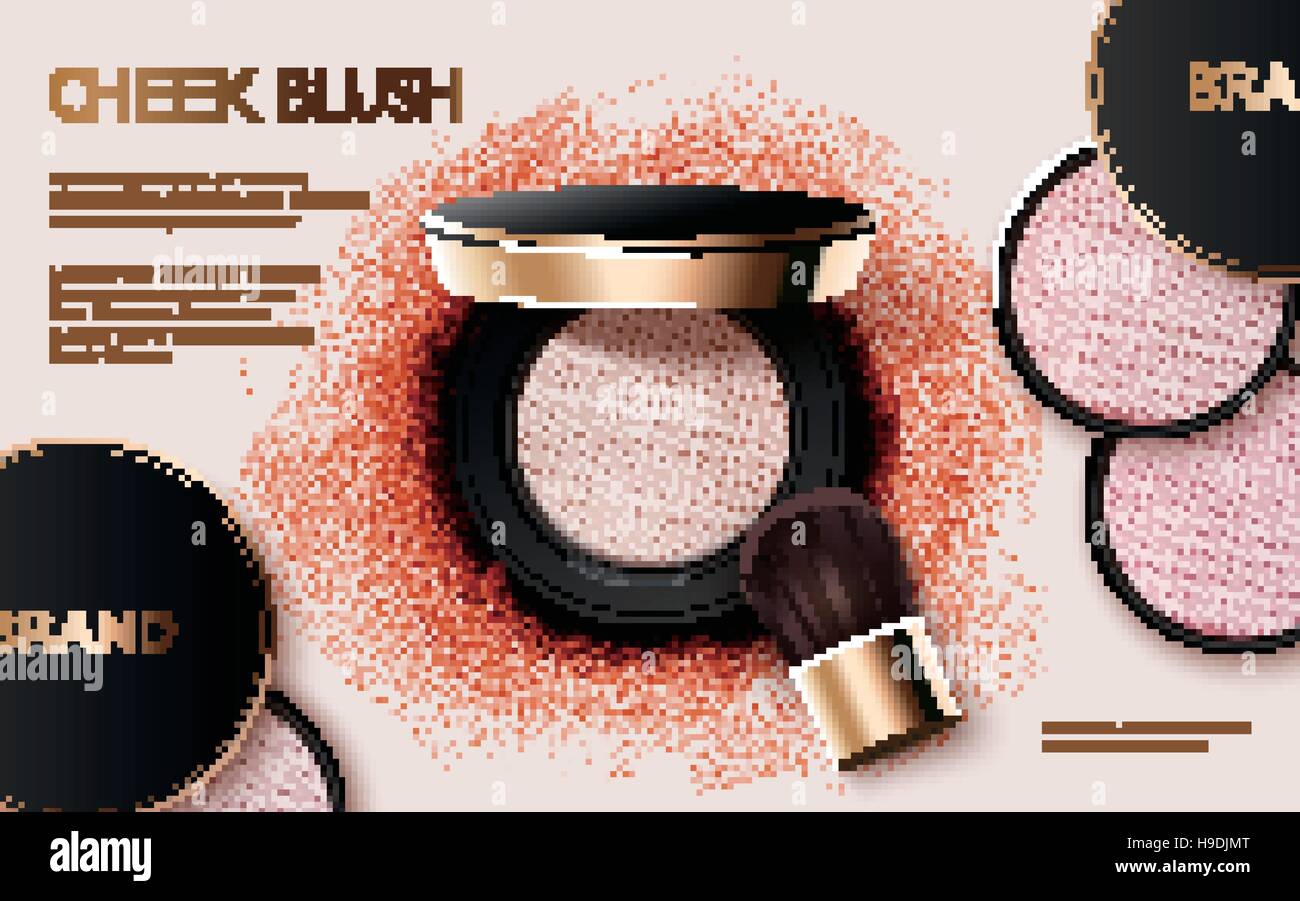 Wangen erröten anzeigen, kosmetische 3D-anzeigen Illustration design mit Puderdose und Pinsel Stock Vektor