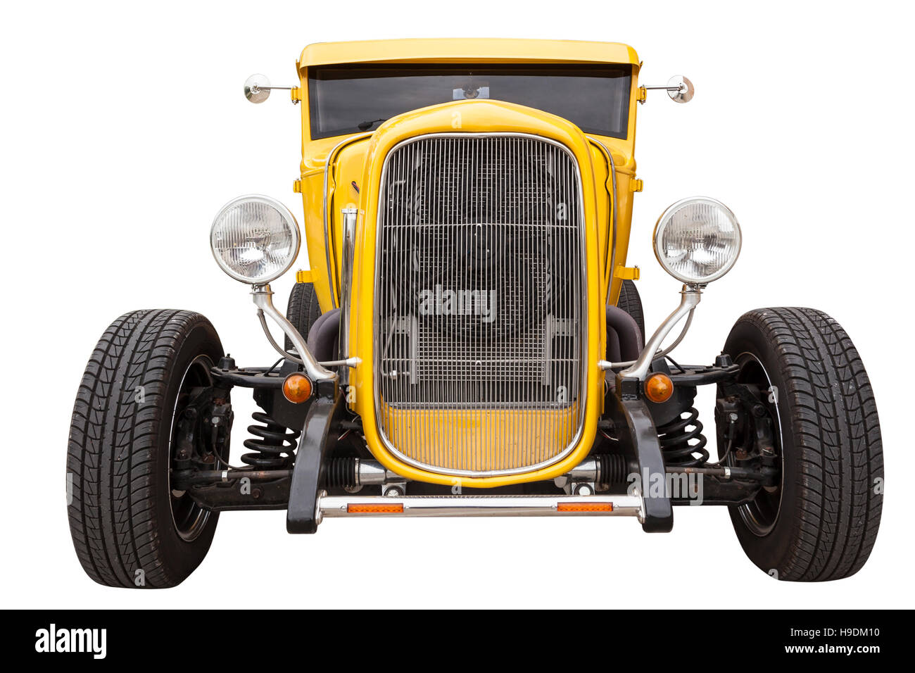 Gelber Hotrod Auto isoliert auf weißem Hintergrund Stockfoto