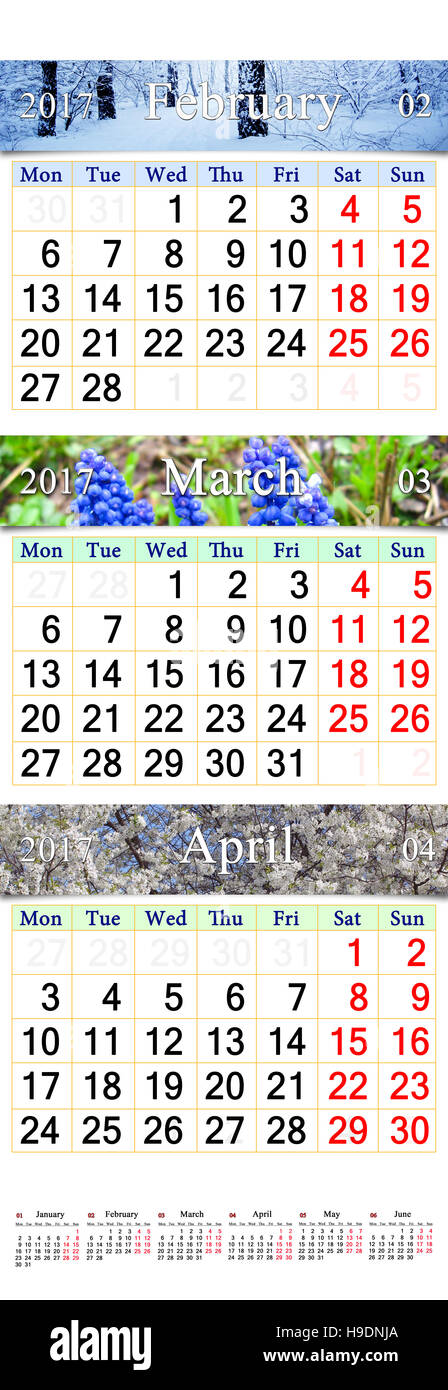 Dreifach-Kalender für drei Monate von Februar 2017 März und April mit Bildern der Natur Stockfoto