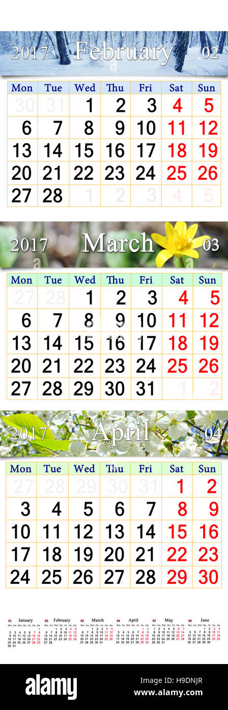 Dreifach-Kalender für drei Monate von Februar 2017 März und April mit Bildern der Natur Stockfoto