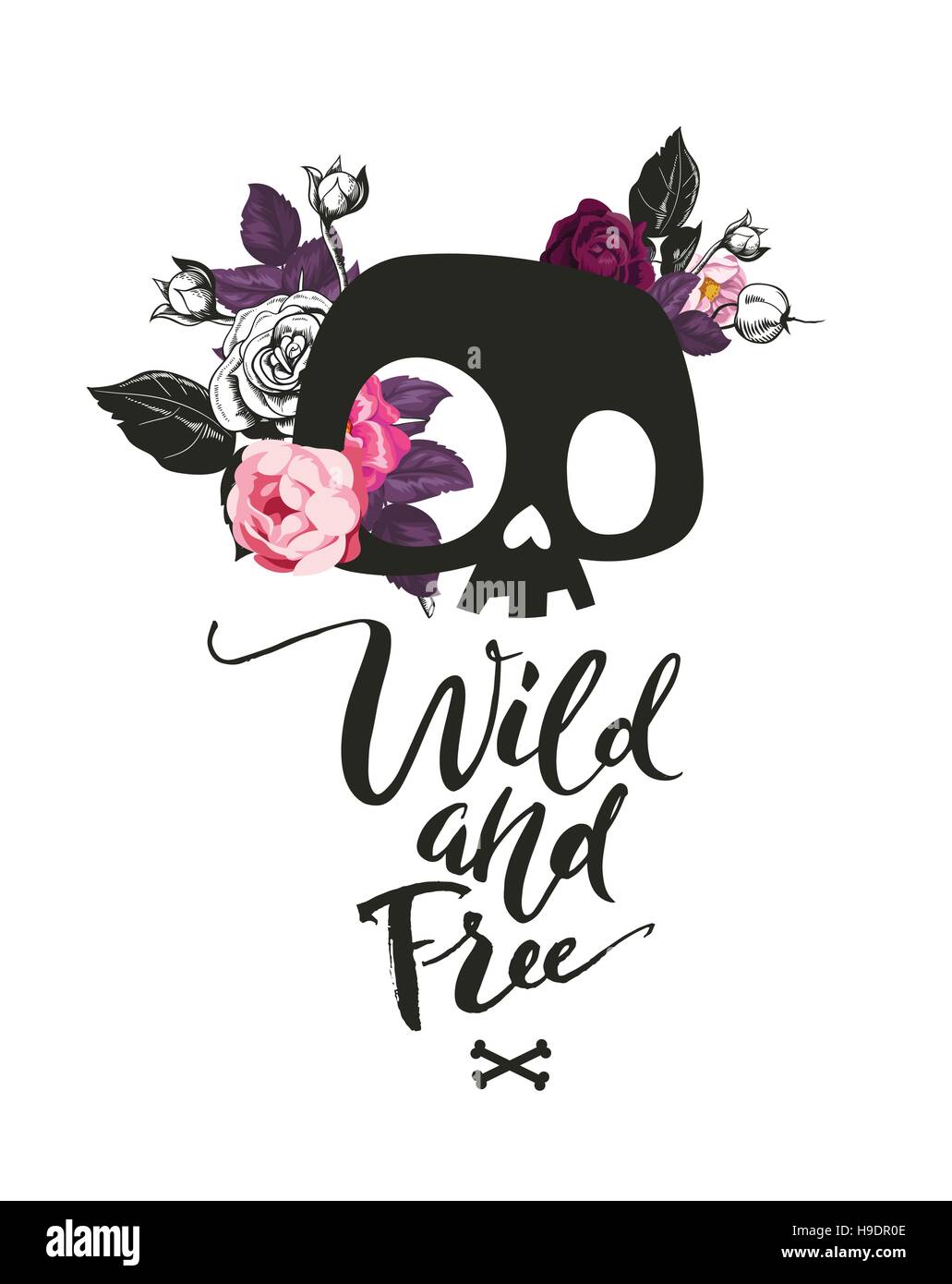 Mode-Illustration mit den niedlichen cartoon Schädel und blühenden Rosen auf dem Hintergrund. Wild und frei Schriftzug zu formulieren. Könnte als T-shirt Druck Stock Vektor