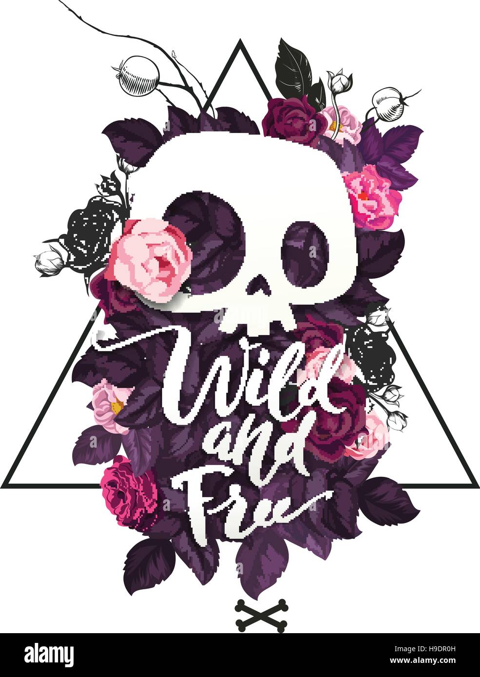 Wild und frei-Schriftzug. Mode-Illustration mit den niedlichen cartoon Schädel und blühenden Rosen auf dem Hintergrund. Als T-shirt drucken, Invita verwendbar Stock Vektor