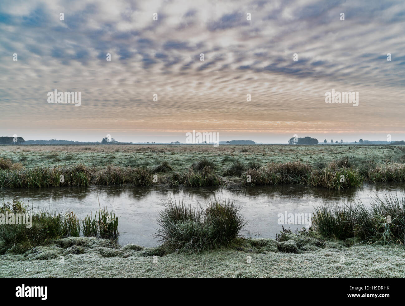 Gefrorenen Teil des Flusses Hunze in den Niederlanden. Sonnenaufgang im Nationalpark Drentsche Aa in Drenthe die Netharlands Stockfoto