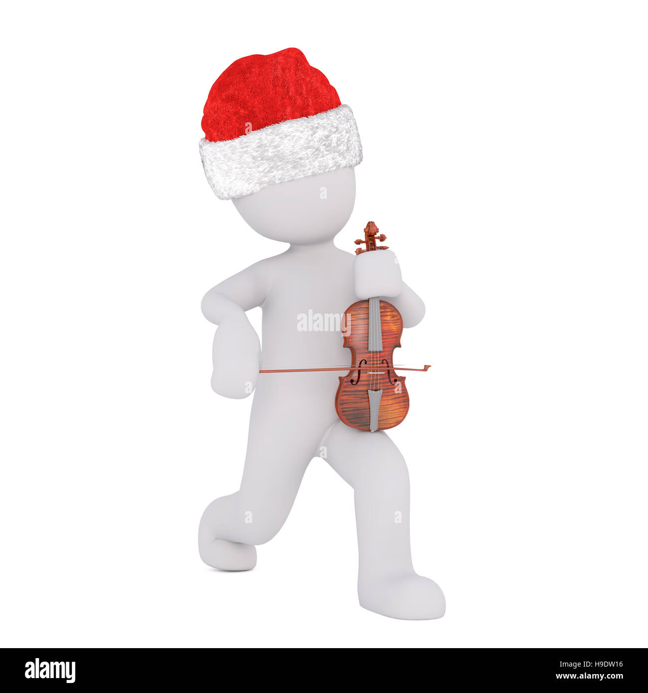 3D Figur hält Violine und trägt Weihnachtsmütze vor weißem Hintergrund während vortretend Stockfoto