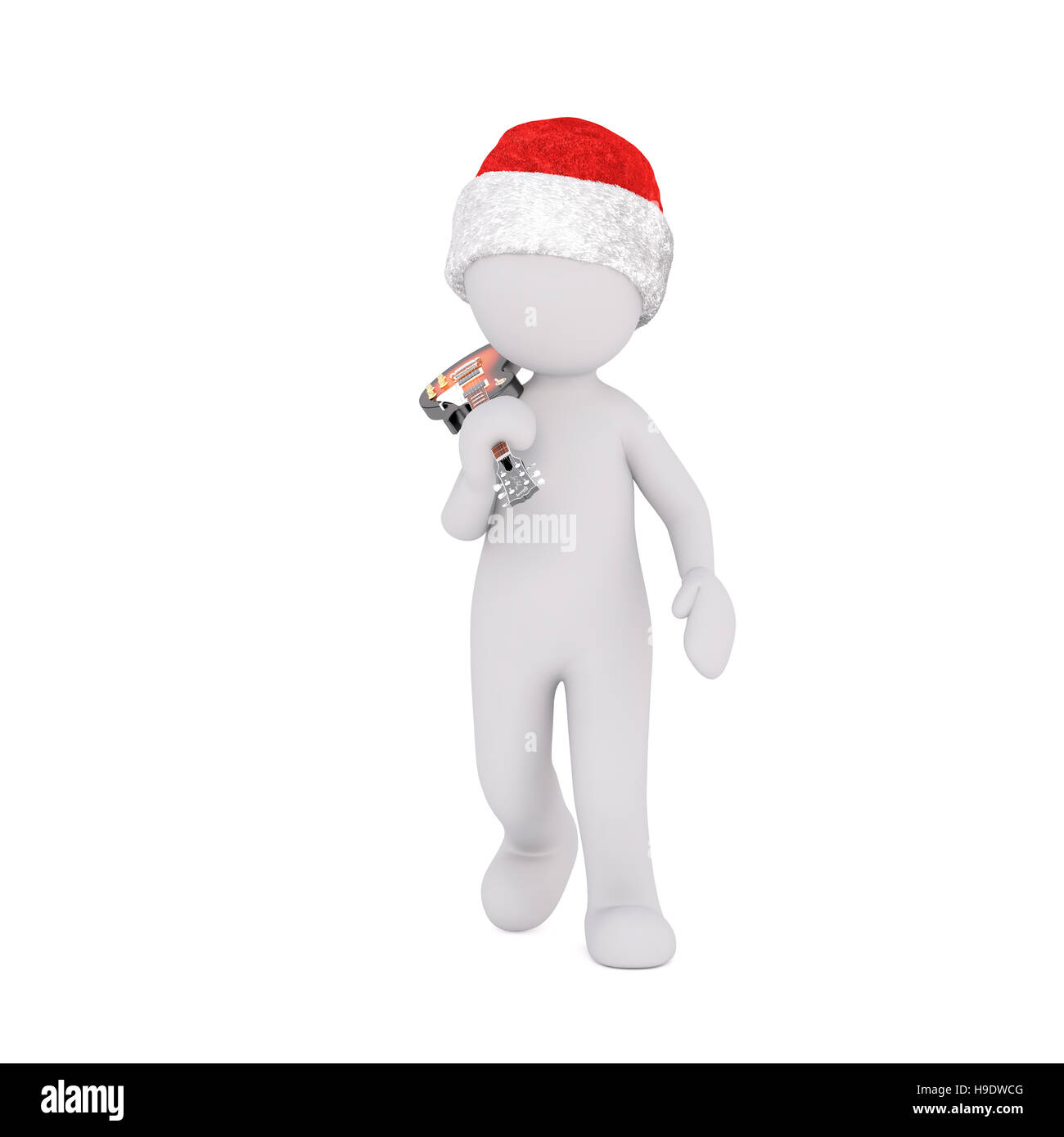 3D Figur hält Violine am Hals an der Schulter und trägt rote Urlaub Hut vor einem weißen Hintergrund Stockfoto