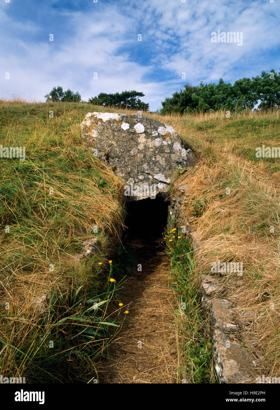 Schmale Vorplatz & Eingang am Ostende des Uley Long Barrow (Hetty Pegler Tump), Gloucestershire, einer neolithischen Cotswold Severn gekammert Grab. Stockfoto